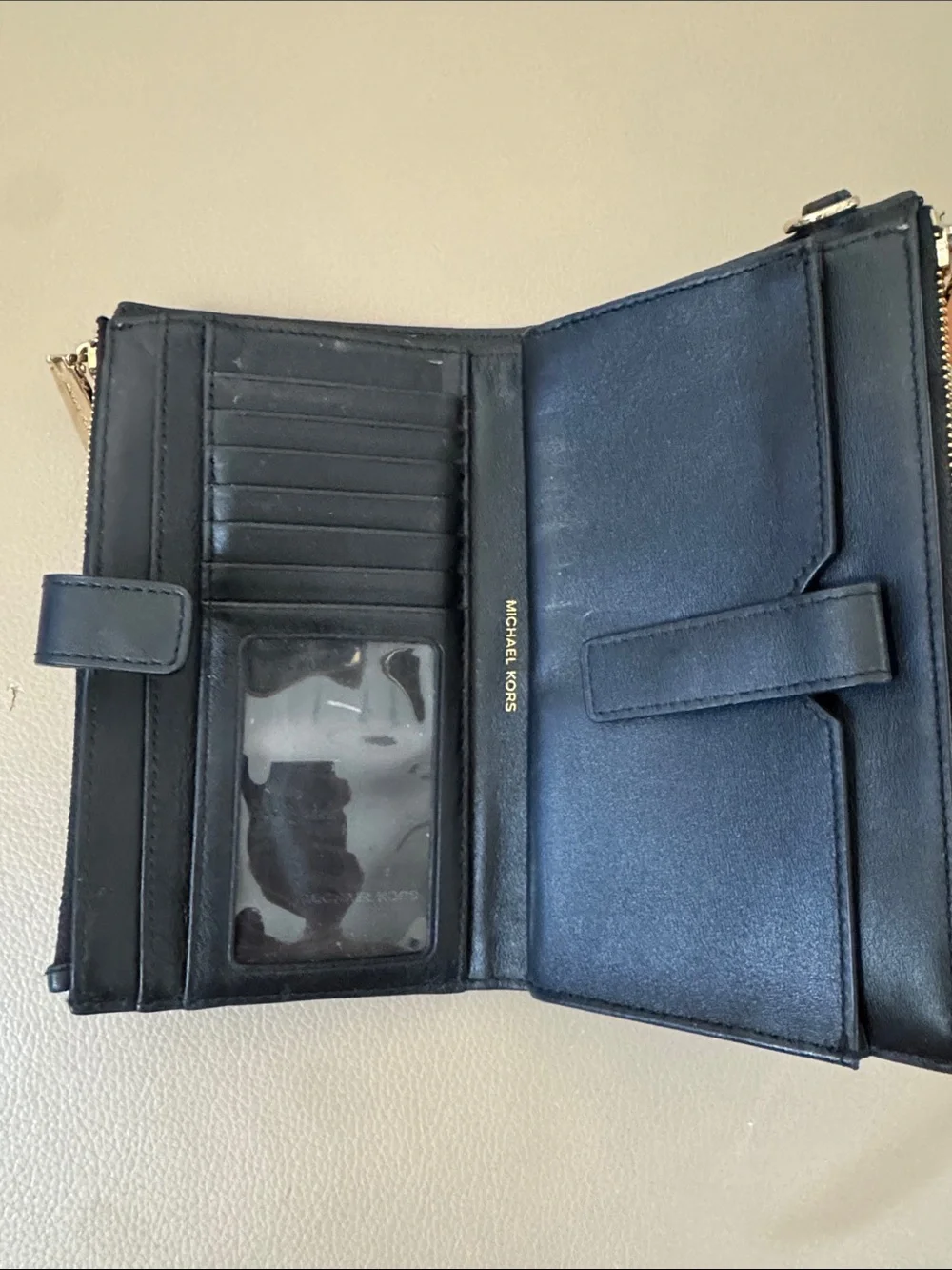Michael Kors Black Suede & Textured Leather Zip Pouch with Gold Logo
